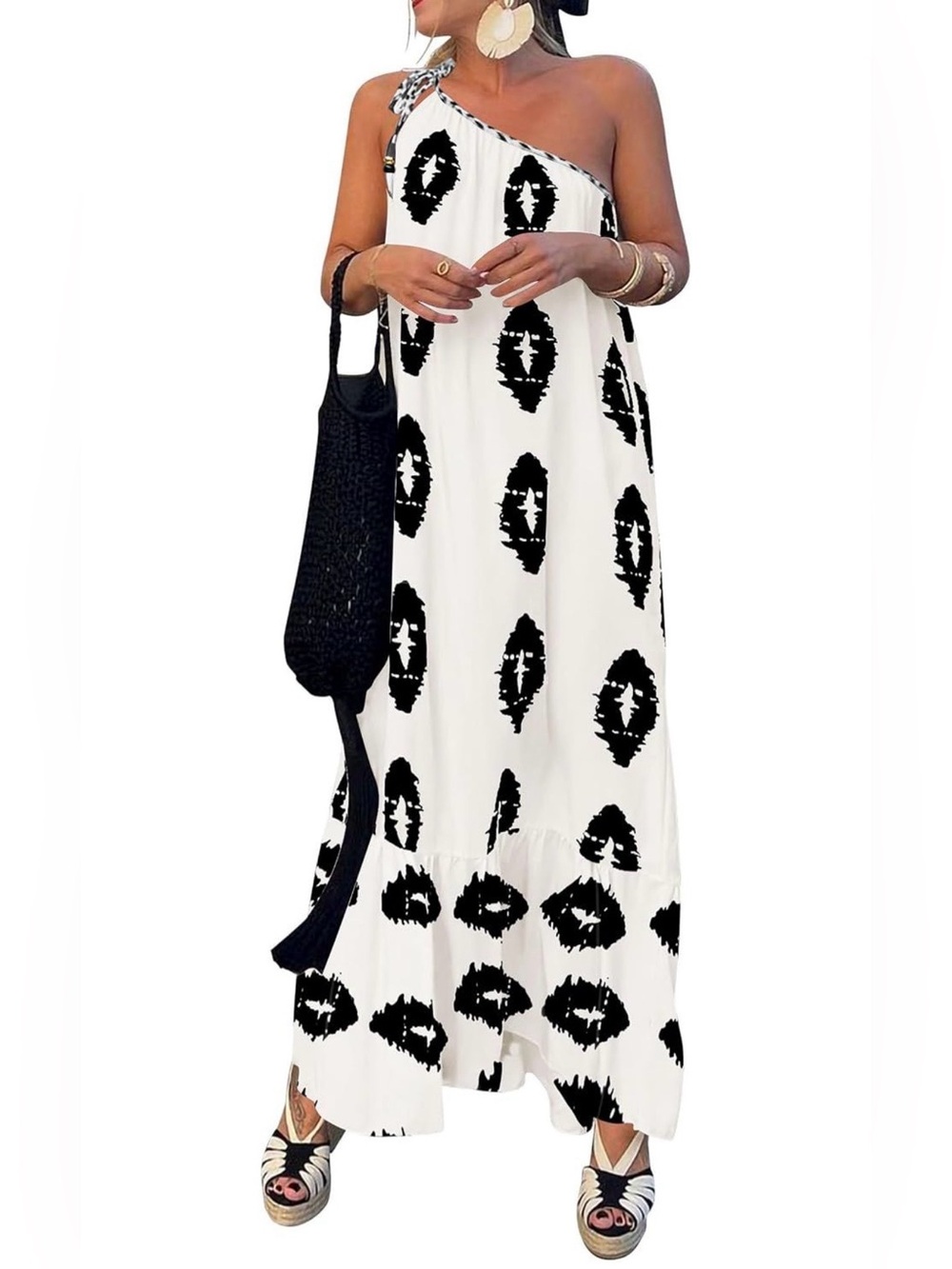 One-Shoulder Black & White Printed Maxi Dress - Size Small